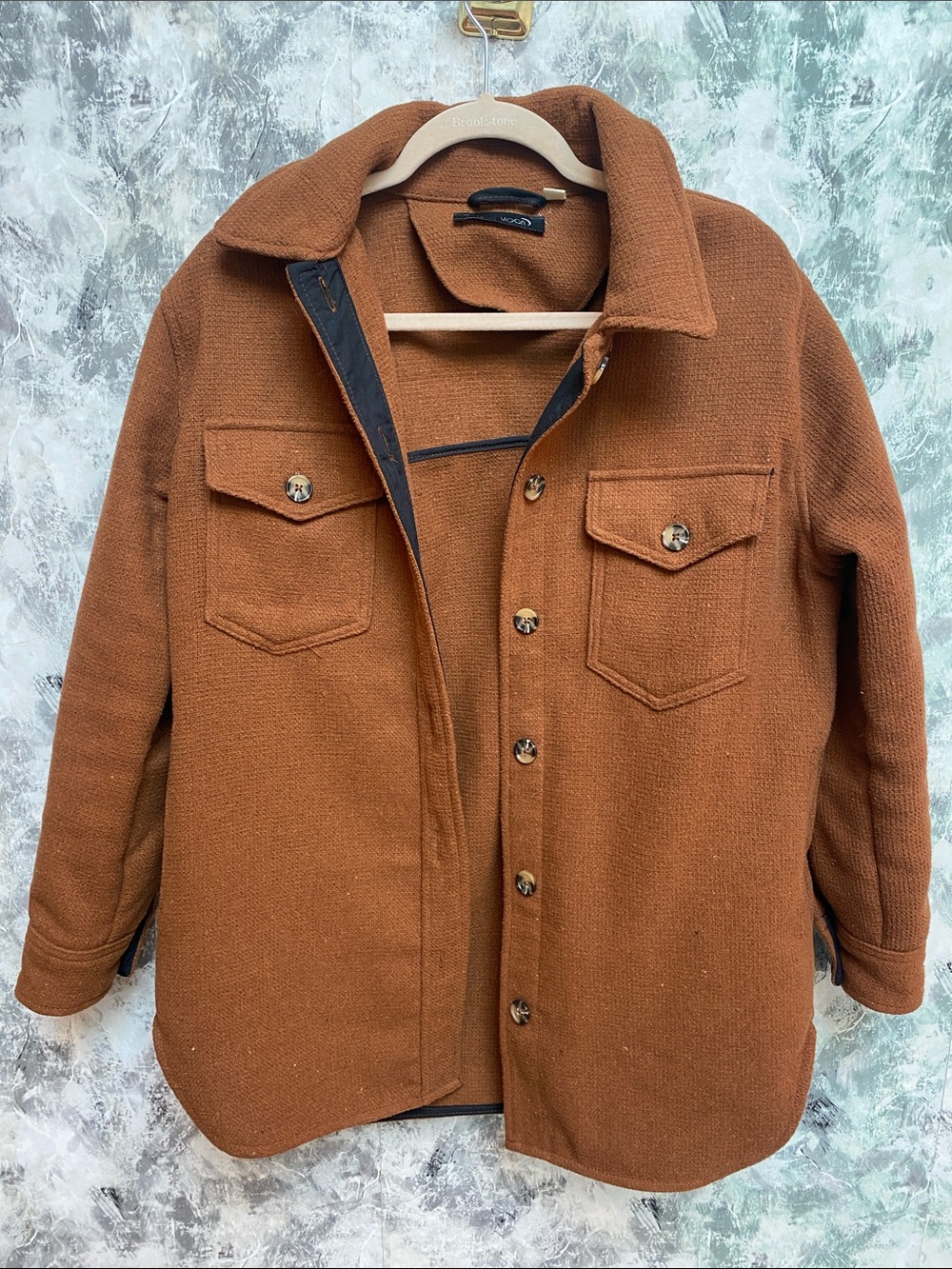 Womens Burnt-Orange Wool-Blend Button Shacket
